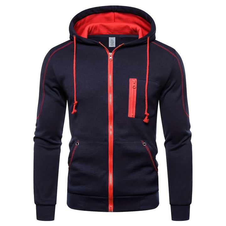 Men's zip-up hoodie with contrast piping in navy, front view