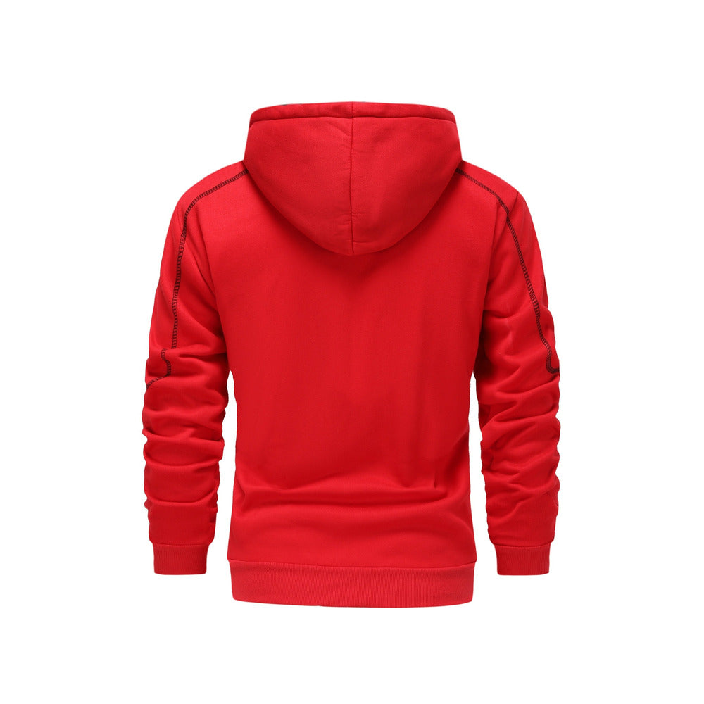 Men's zip-up hoodie with contrast piping in red, back view