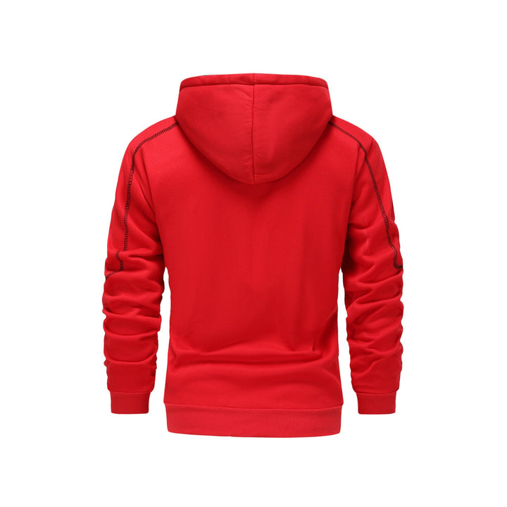 Men's zip-up hoodie with contrast piping in red, back view