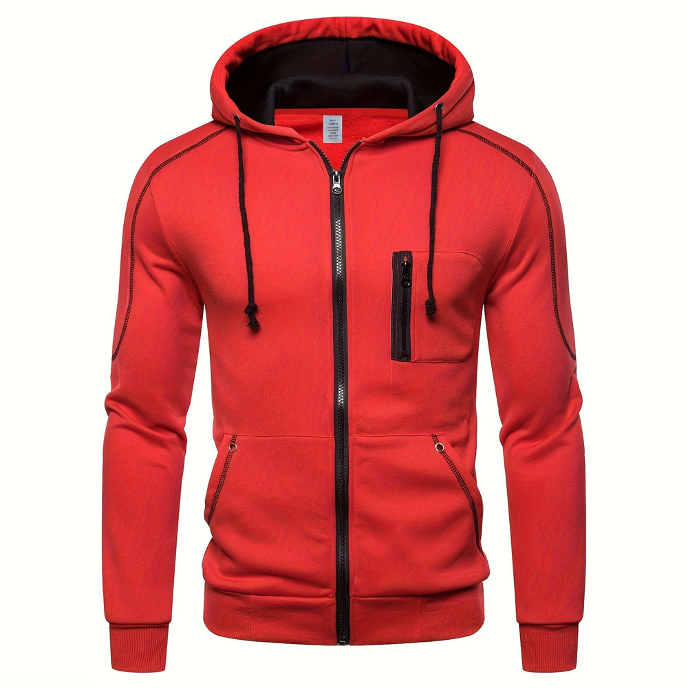 Men's zip-up hoodie with contrast piping in red, front view