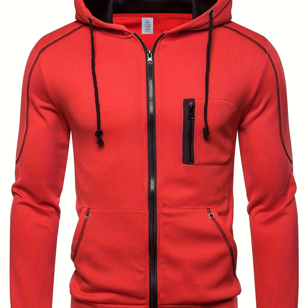 Men's zip-up hoodie with contrast piping in red