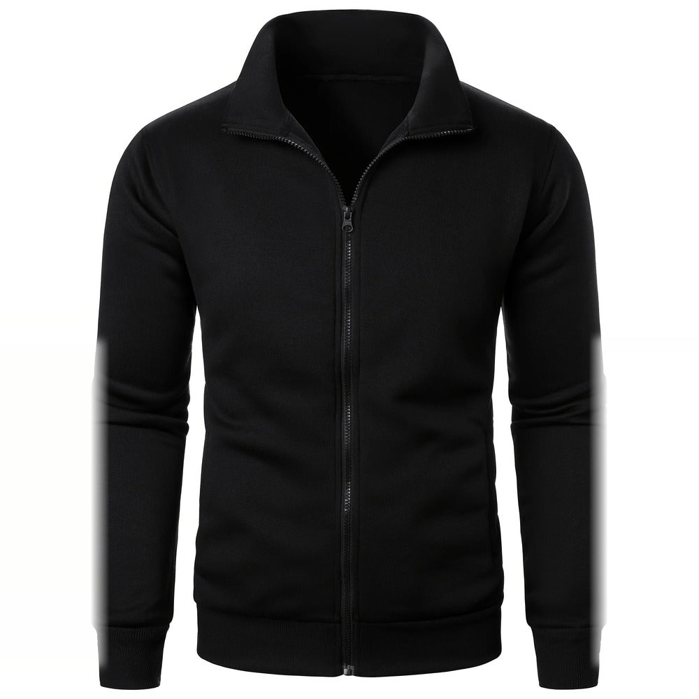 Men's plush-lined zip-up jacket in black, front view