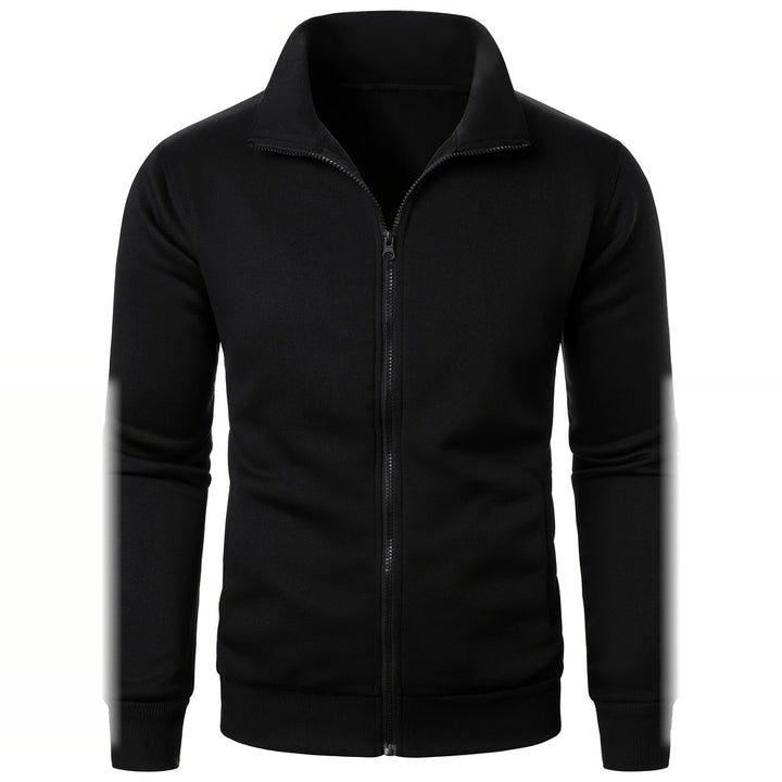 Men's plush-lined zip-up jacket in black, front view