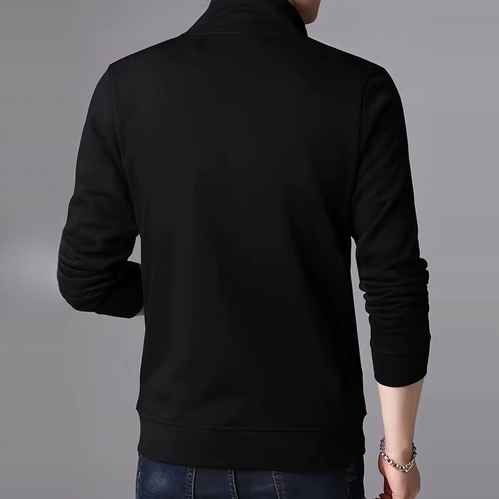 Men's plush-lined zip-up jacket in black, back view worn by a model