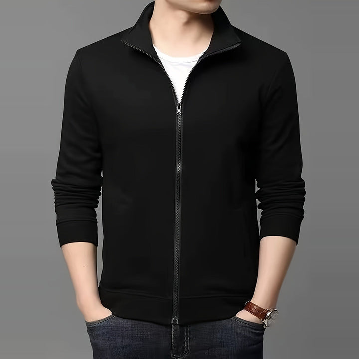 Men's plush-lined zip-up jacket in black, worn by a model
