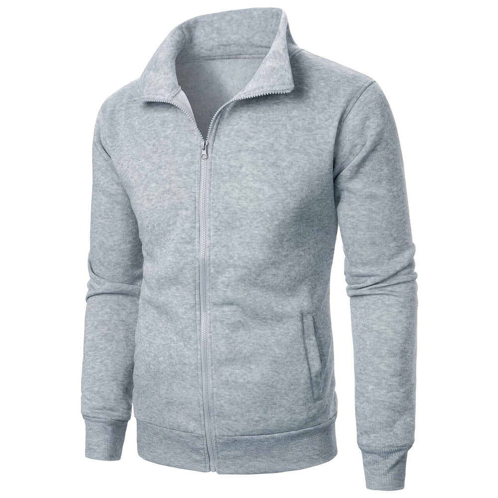Men's plush-lined zip-up jacket in light grey, front view