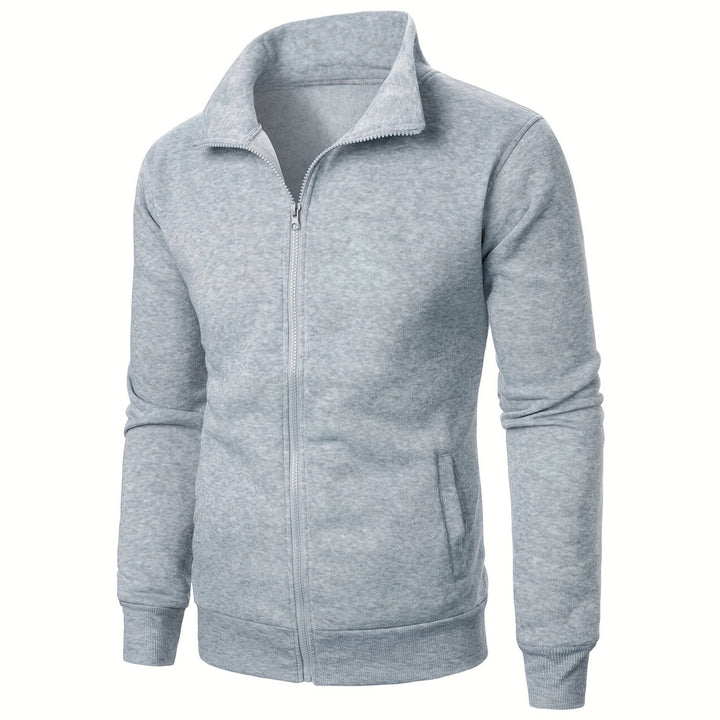 Men's plush-lined zip-up jacket in light grey, front view