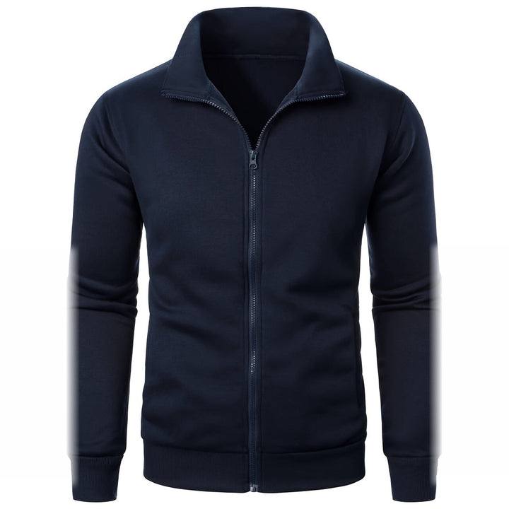 Men's plush-lined zip-up jacket in navy, front view