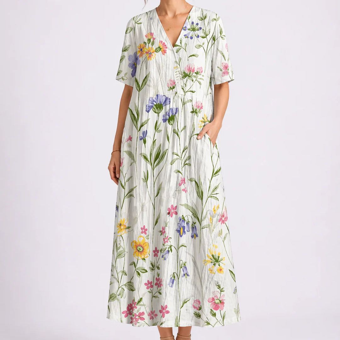 Floral midi dress V-neckline detail with button-front closure and print pattern