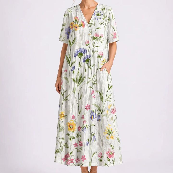 Floral midi dress V-neckline detail with button-front closure and print pattern