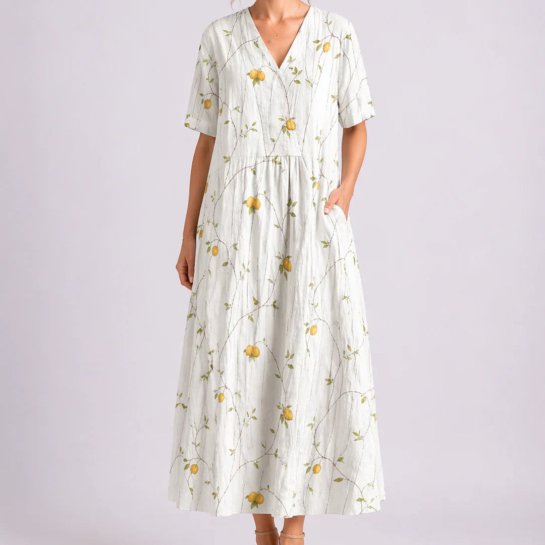 Floral midi dress worn casually showing relaxed fit and comfortable drape