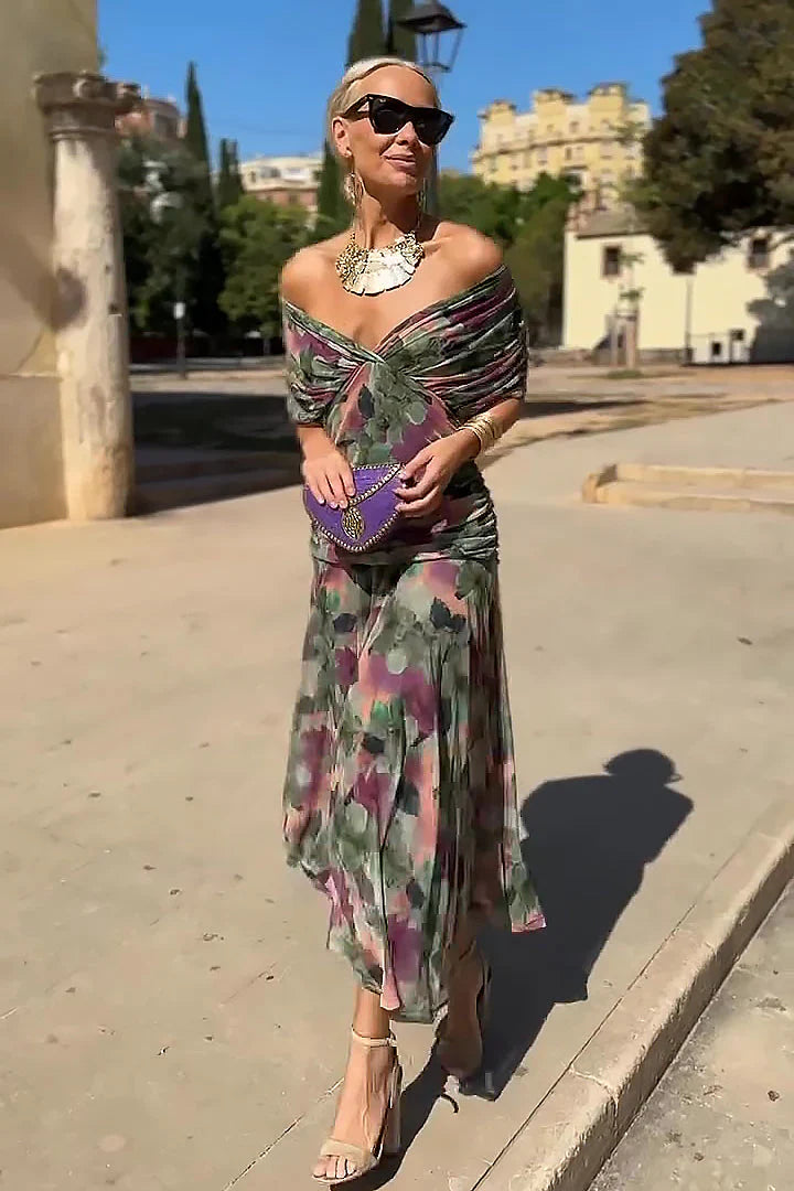 Full-length shot of V-neck maxi dress showing ankle-length hem and graceful drape