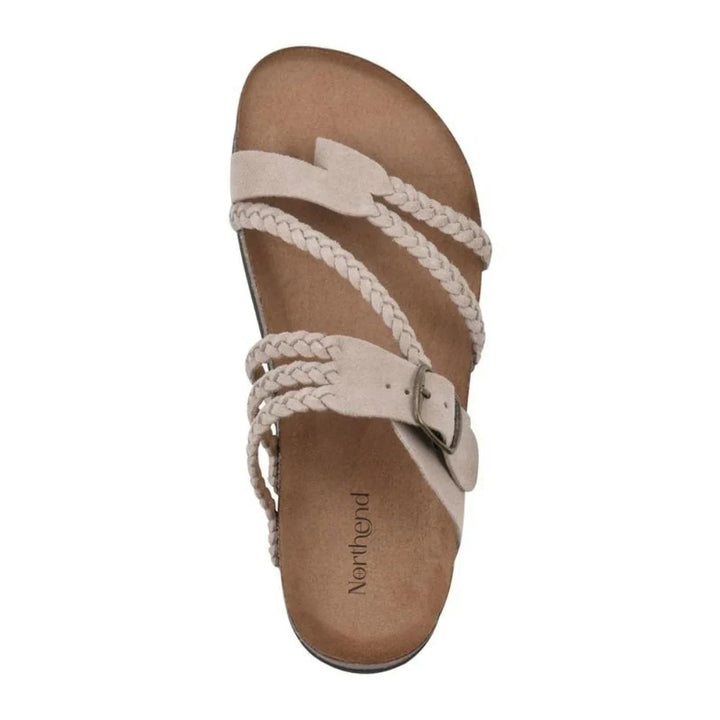 Side view of braided strap sandals showing adjustable buckle closure and toe-loop design