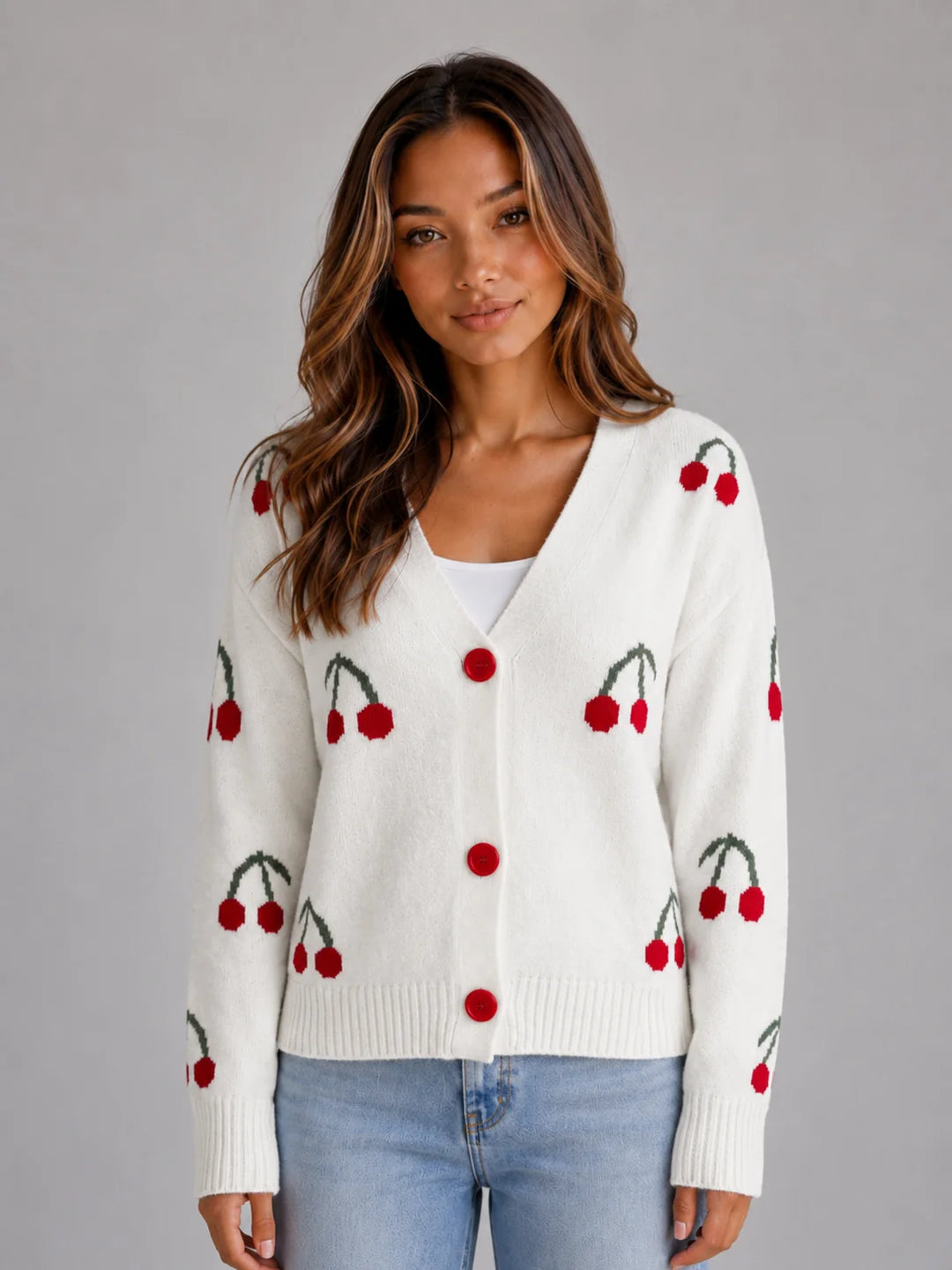 Women's Cherry Print Cardigan – V-Neck Button Front Knit in cream with all-over cherry motif and button fastening