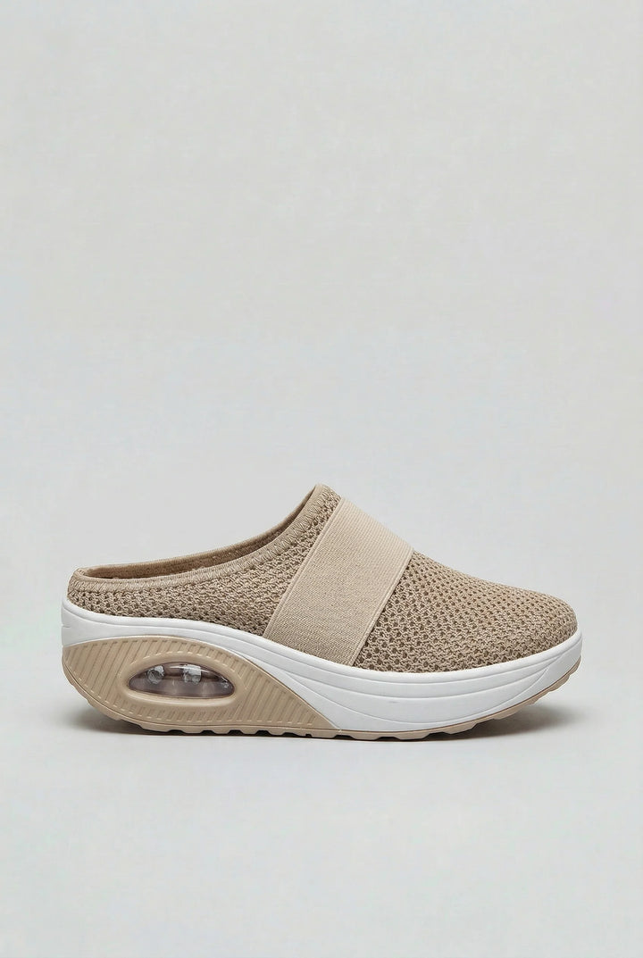 Women's Mules | Breathable Mesh with Air Cushion in beige with slip-on design and rocker sole
