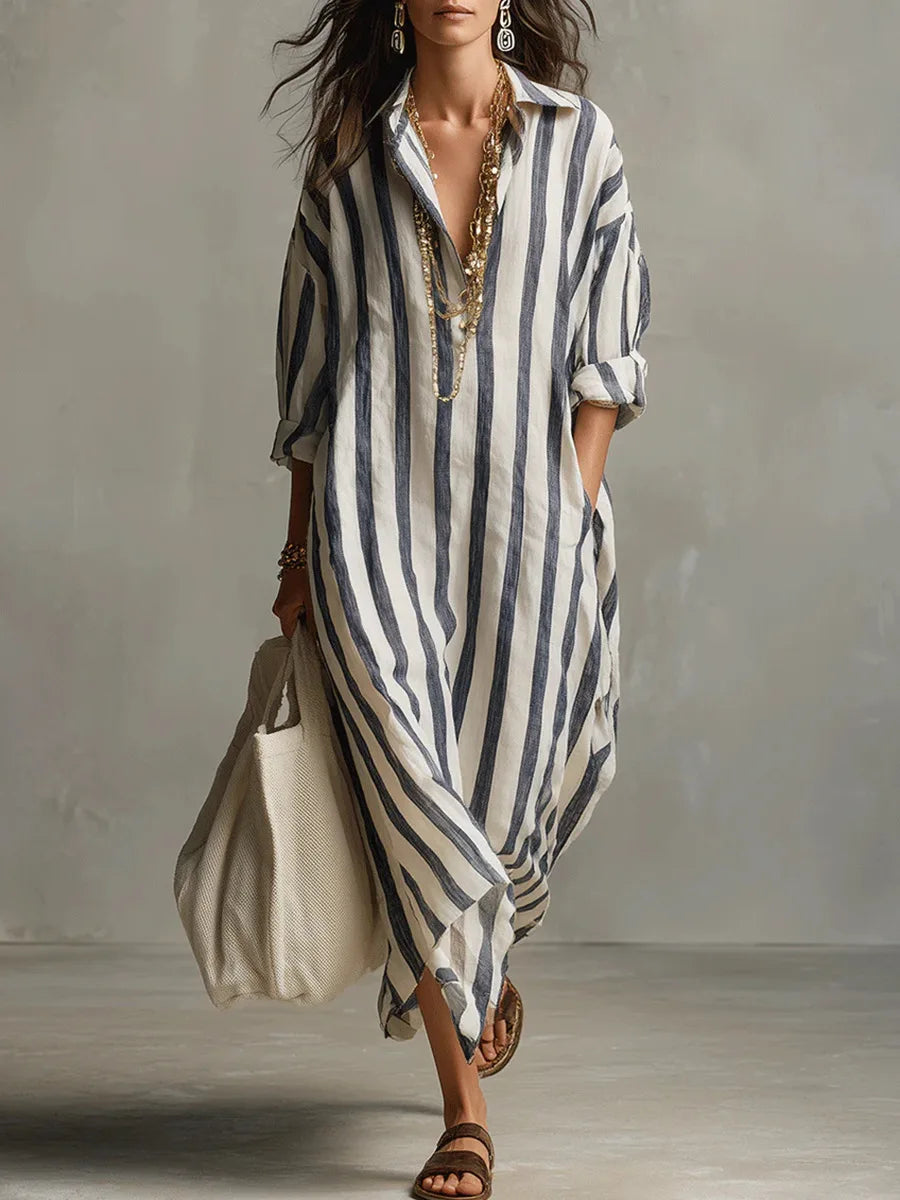 Women's striped shirt dress in grey and cream with V-neckline and relaxed midi silhouette