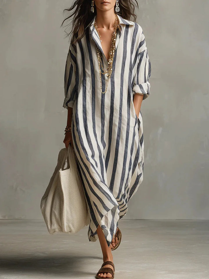 Women's striped shirt dress in grey and cream with V-neckline and relaxed midi silhouette