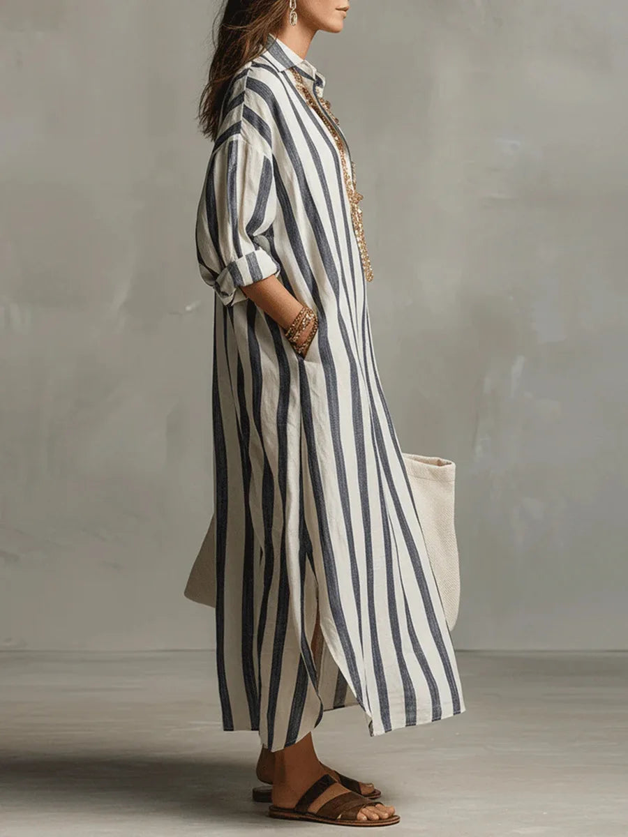 Relaxed-fit striped shirt dress with roll-up sleeves and flowing midi length