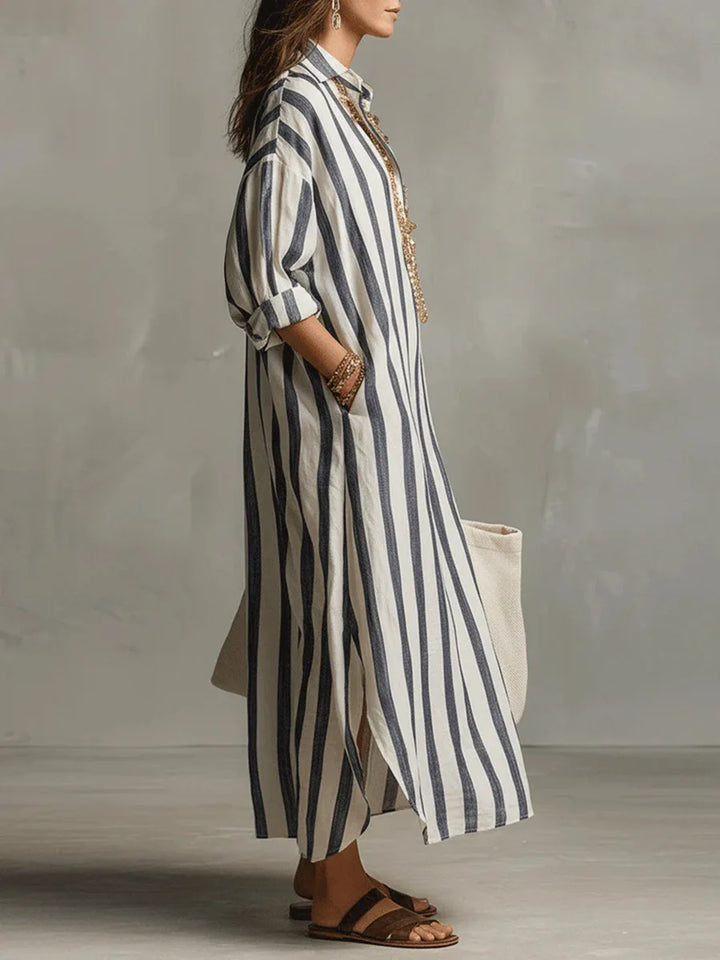Relaxed-fit striped shirt dress with roll-up sleeves and flowing midi length