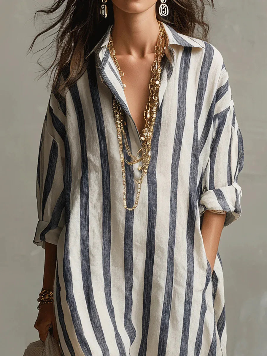 Vertical stripe shirt dress with V-neck collar and loose silhouette for casual wear