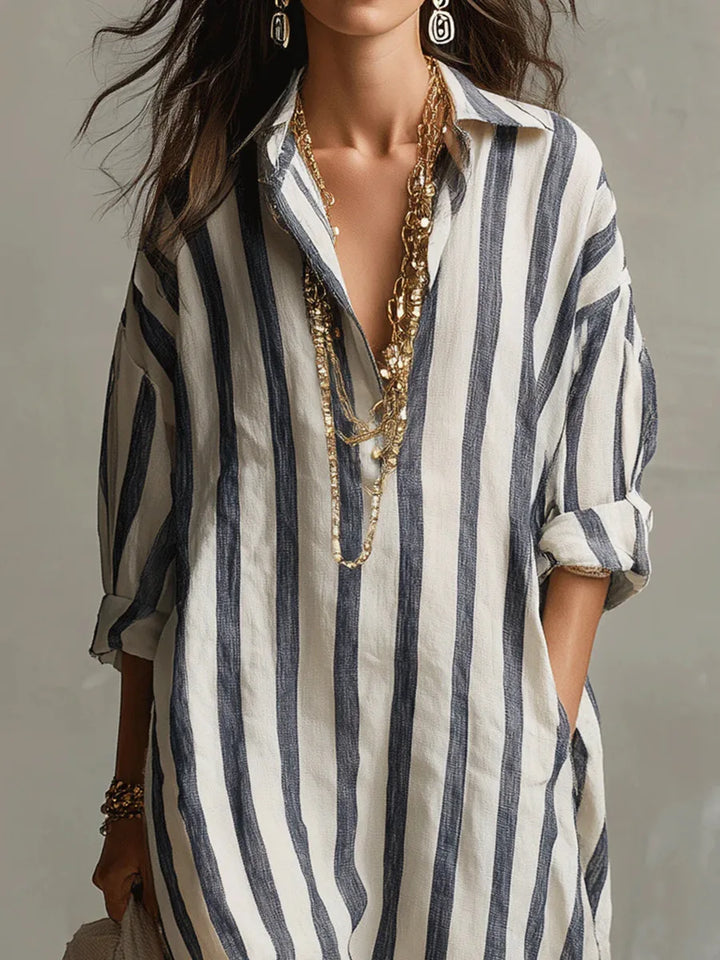 Vertical stripe shirt dress with V-neck collar and loose silhouette for casual wear