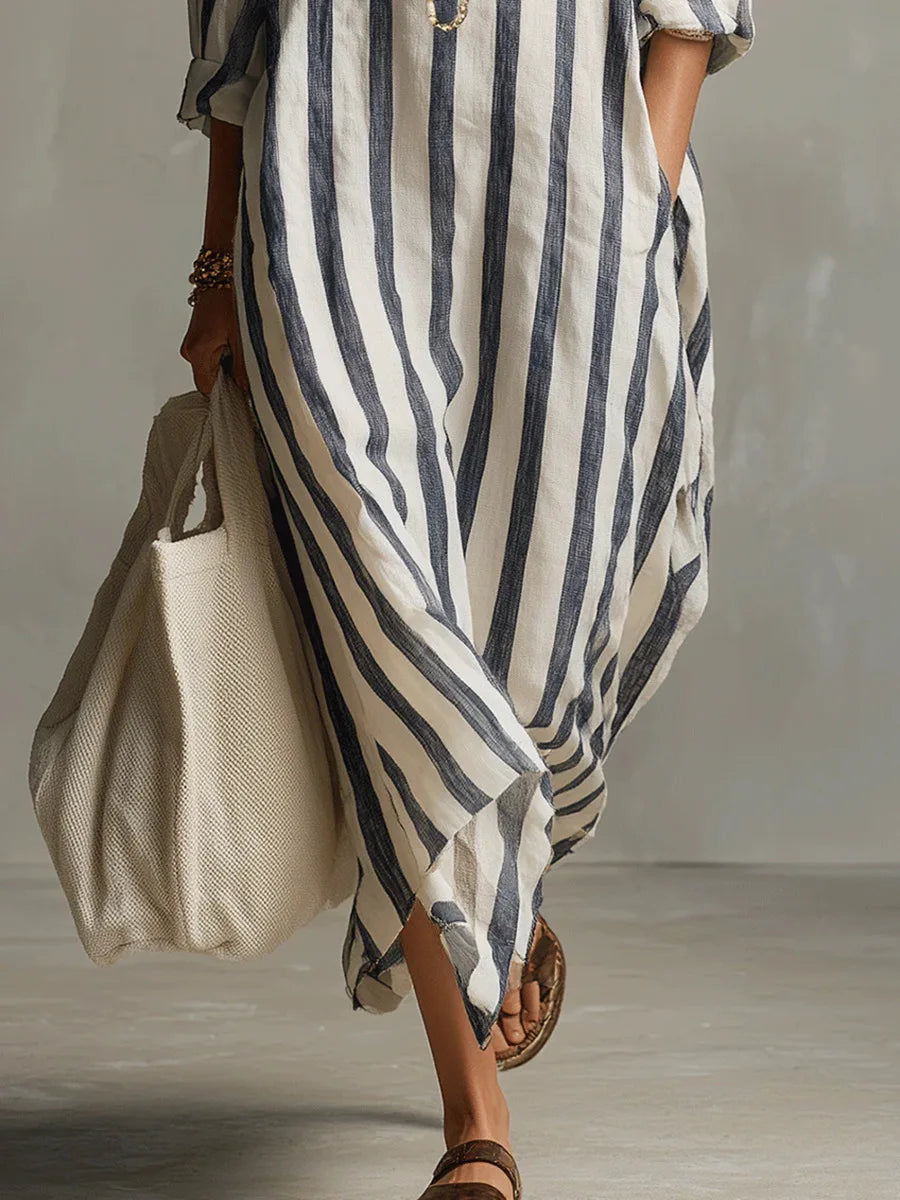 Lightweight striped midi dress with classic collar and effortless drape