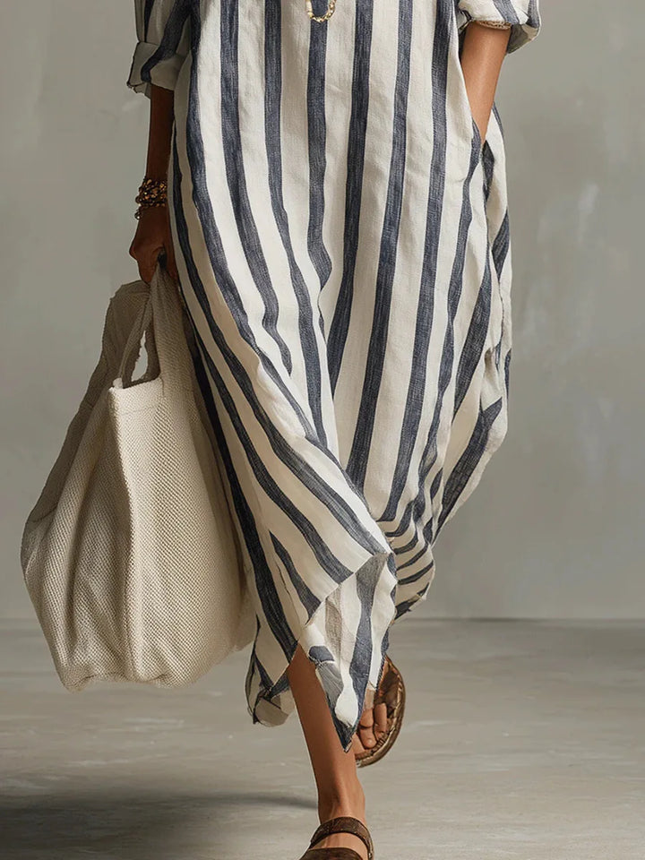 Lightweight striped midi dress with classic collar and effortless drape