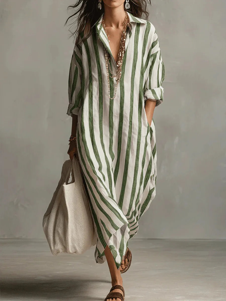 Women's casual shirt dress in grey and cream stripes with relaxed fit