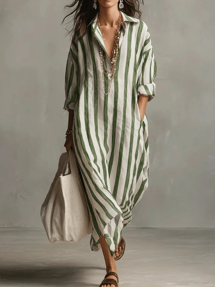 Women's casual shirt dress in grey and cream stripes with relaxed fit