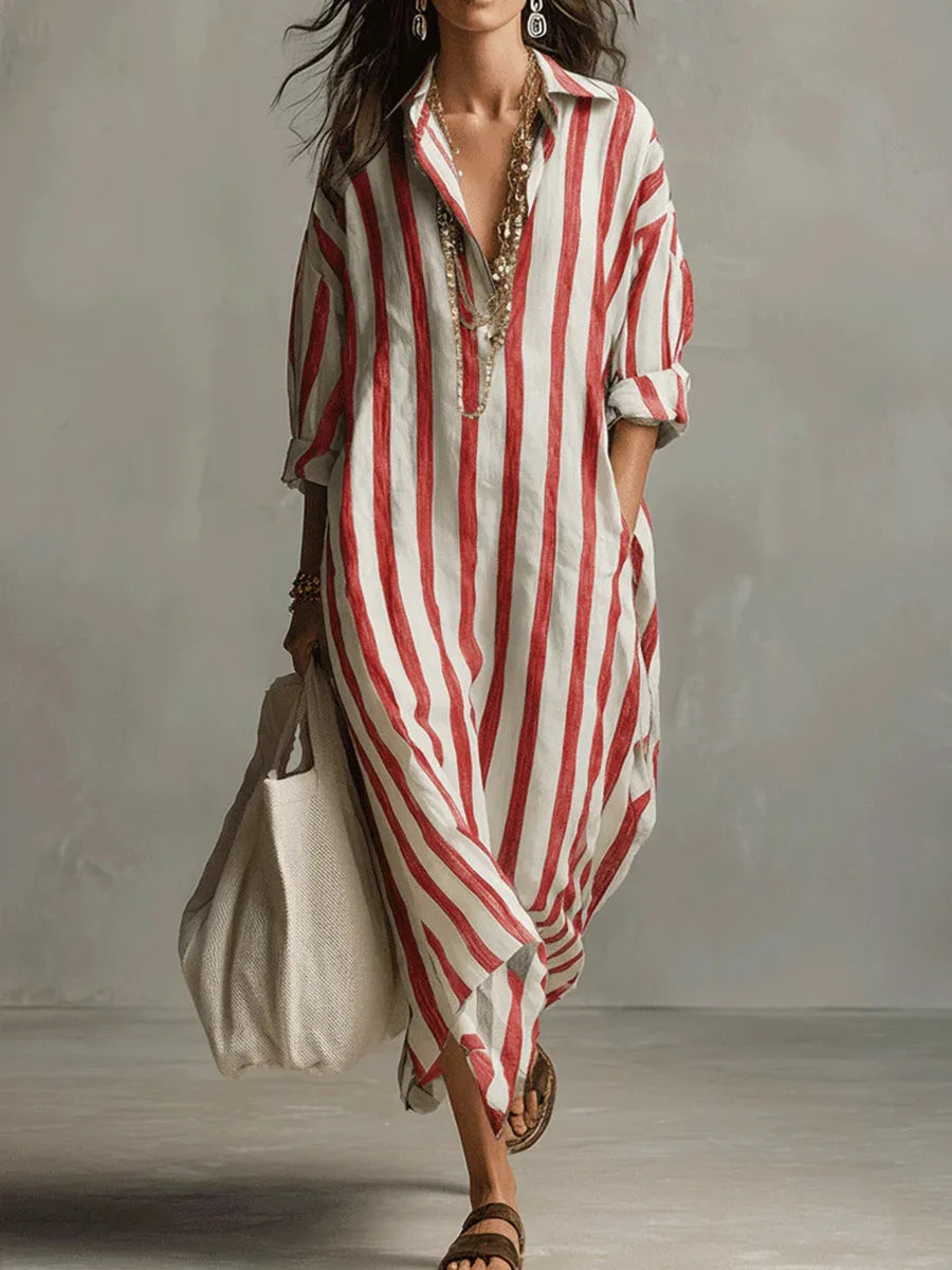 Striped V-neck shirt dress with roll-up sleeves and flowing midi hem