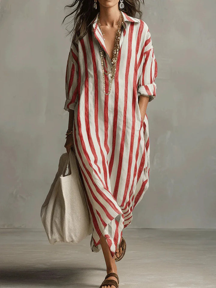 Striped V-neck shirt dress with roll-up sleeves and flowing midi hem