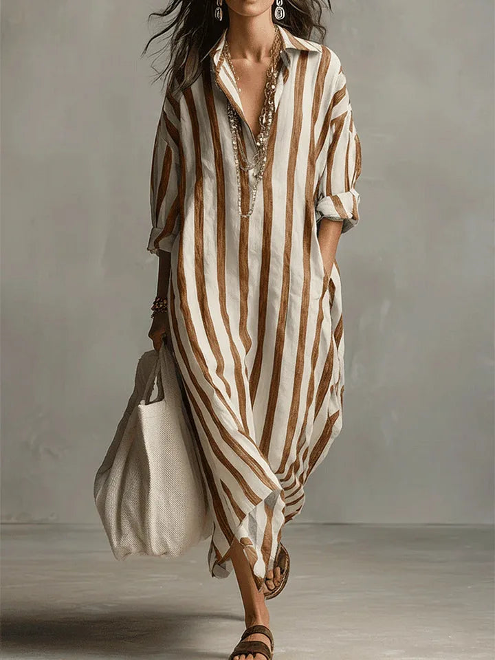 Relaxed striped dress with collar detail and breathable woven fabric