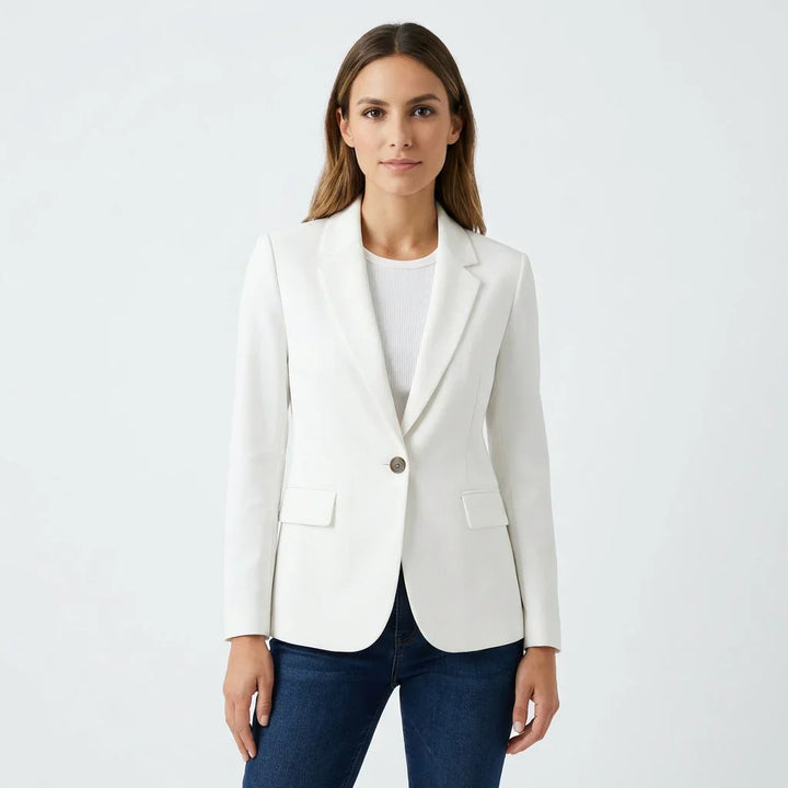 Women's tailored blazer in white with single-button closure and notch lapels, front view