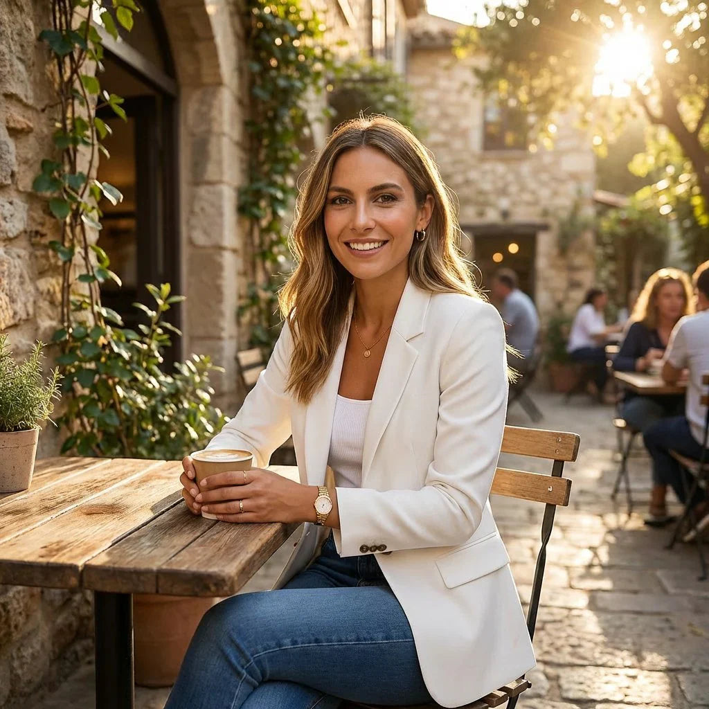 Fitted white blazer with structured shoulders and flap pockets, styled with jeans