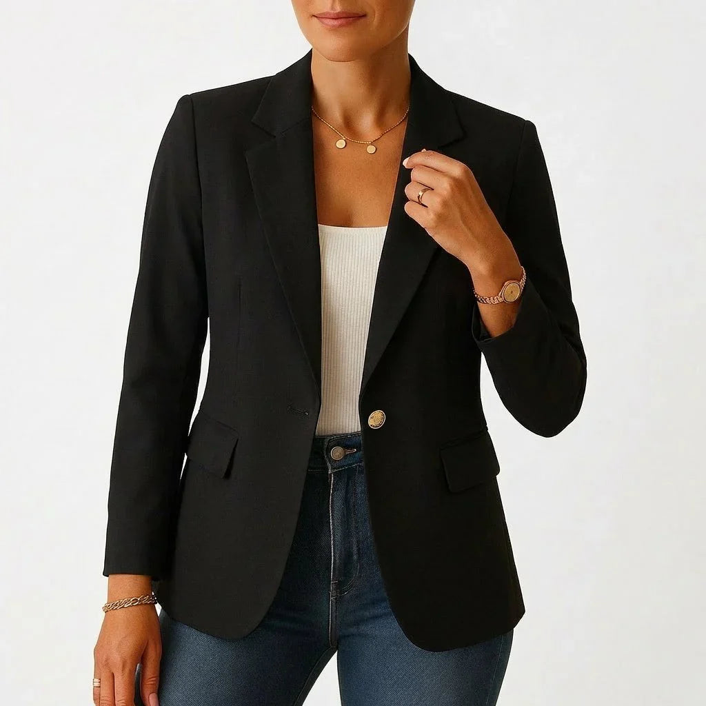 Full-length view of women's blazer showing proportions and fitted cut