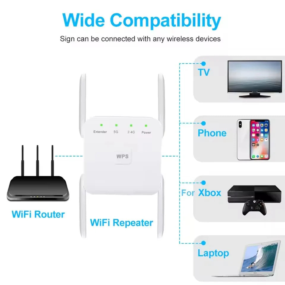 Compact wireless signal booster showing WPS button and ventilation grilles for heat dissipation