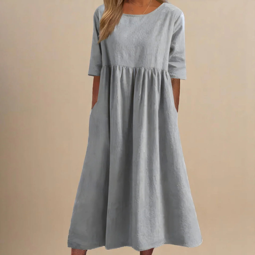 Back view of relaxed midi dress showing flowing silhouette and gathered waist