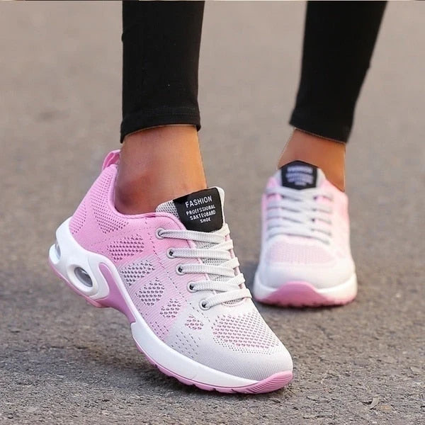 Close-up of Women's Knit Casual Lace-Up Everyday Sneakers showing perforated knit upper and lace-up closure