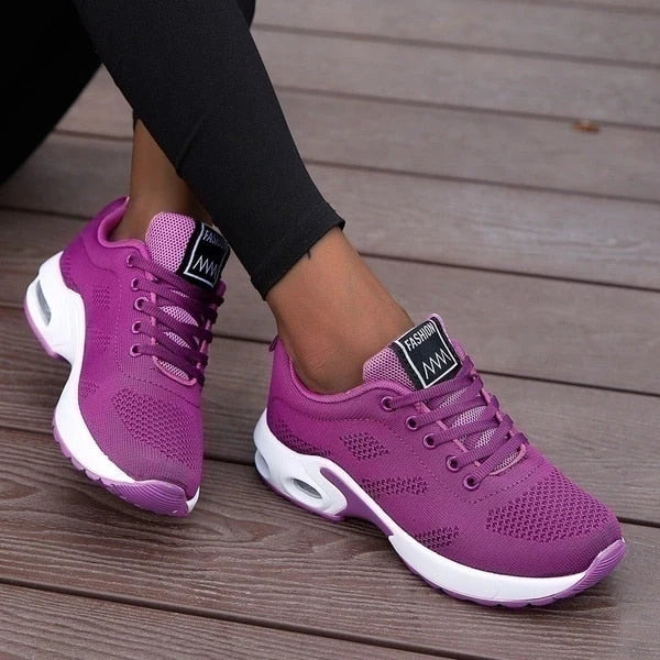 Women's Knit Casual Lace-Up Everyday Sneakers in white with breathable mesh lining and rounded toe
