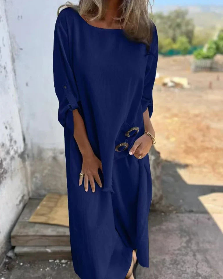 Women's Linen Blend Set with Relaxed Fit and Practical Pockets in navy blue with boat neckline and decorative sleeve buttons