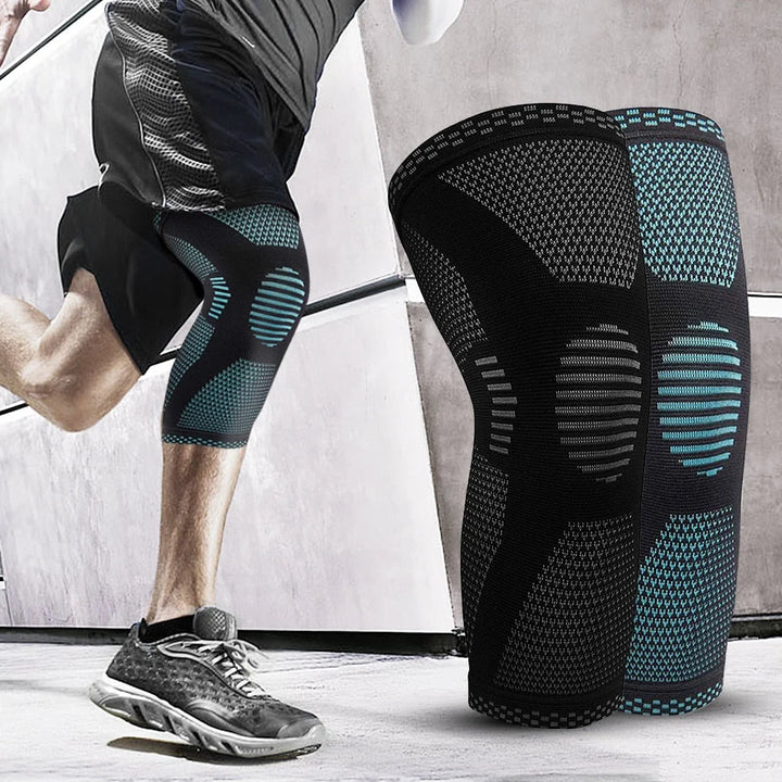 Men's compression knee support with graduated knit construction and contoured fit