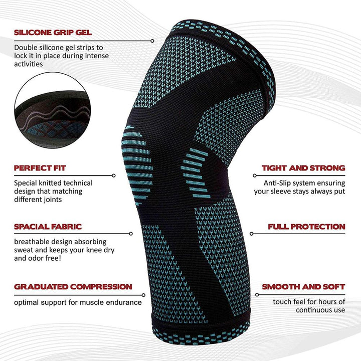 Side view of compression knee sleeves with reinforced kneecap panel and elastic bands