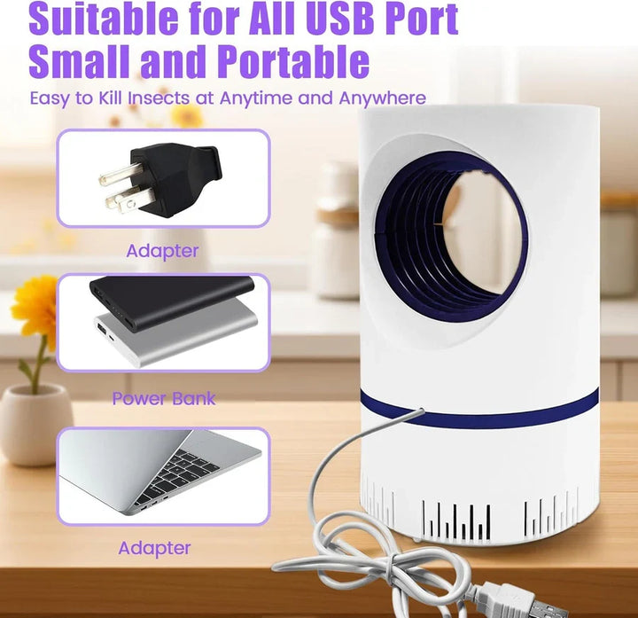 Compact UV light mosquito trap with vortex fan system and removable collection tray for indoor and outdoor pest control