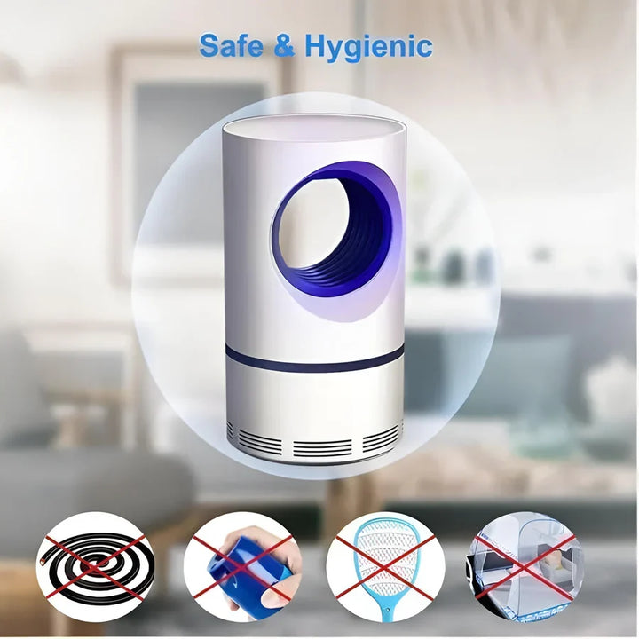 Indoor mosquito fly killer trap with purple UV light spiral effect demonstrating insect attraction technology