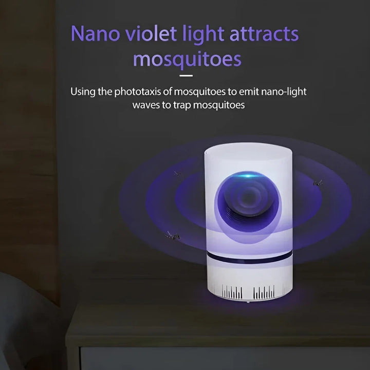 Chemical-free mosquito trap showing ultraviolet light wavelength attracting flying insects into containment chamber