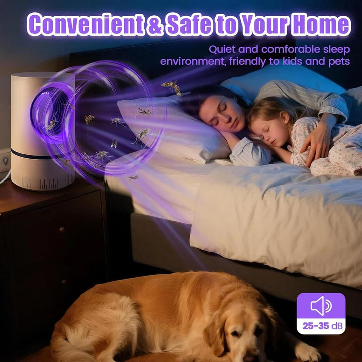 White cylindrical UV insect trap with ventilation slots and USB power connection for flexible indoor outdoor placement