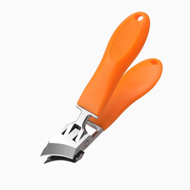 Heavy-duty nail clipper with orange ergonomic handles and stainless steel blades featuring anti-splash guard