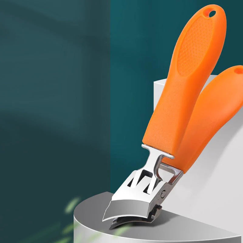 Orange handled nail clipper with textured grip and integrated splash protection