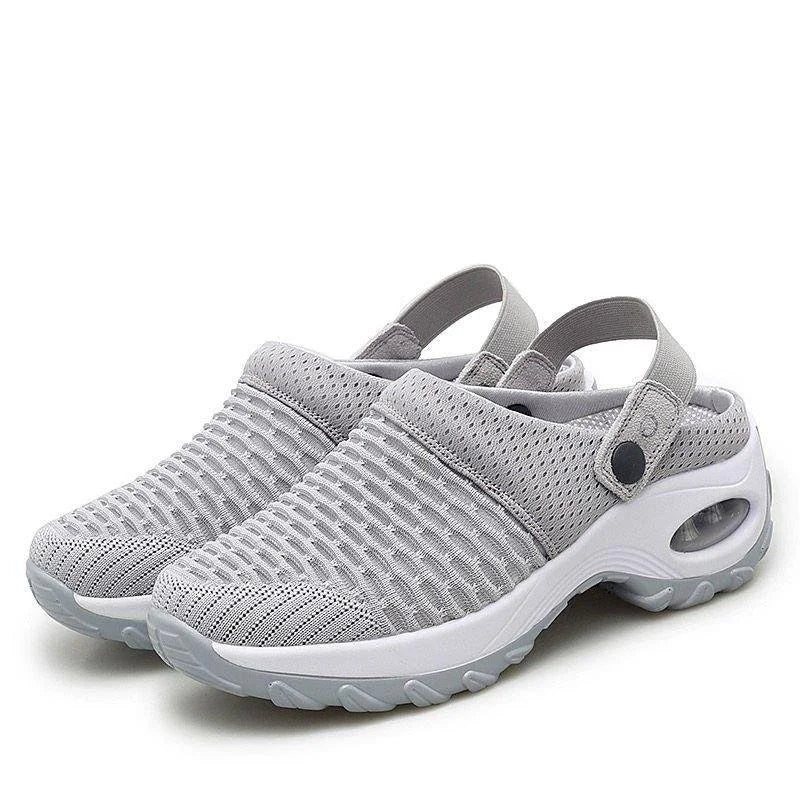 Rear view of air-cushioned shoes with strong cushioning for diabetics highlighting adjustable strap and supportive heel counter