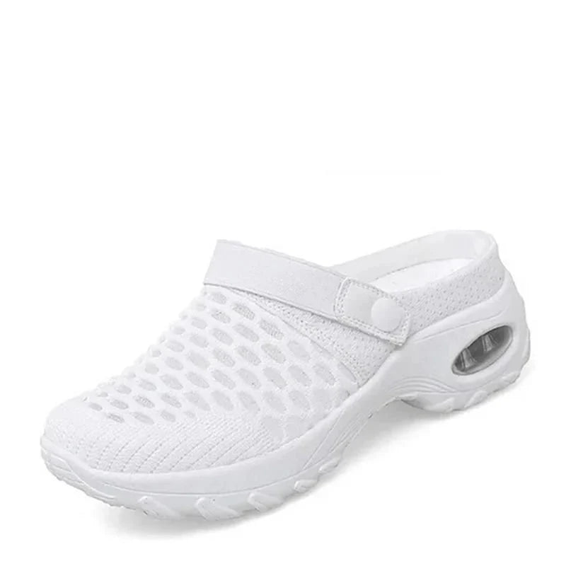 Air-cushioned shoes with strong cushioning for diabetics in black colourway showing slip-on construction and mesh panels